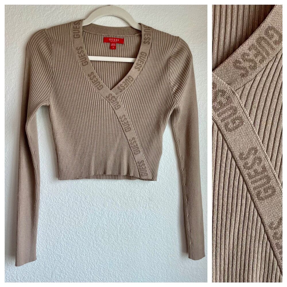 Guess Women's Cropped Logo V-Neck Wrap Style Long Sleeve Top in Beige - Size S